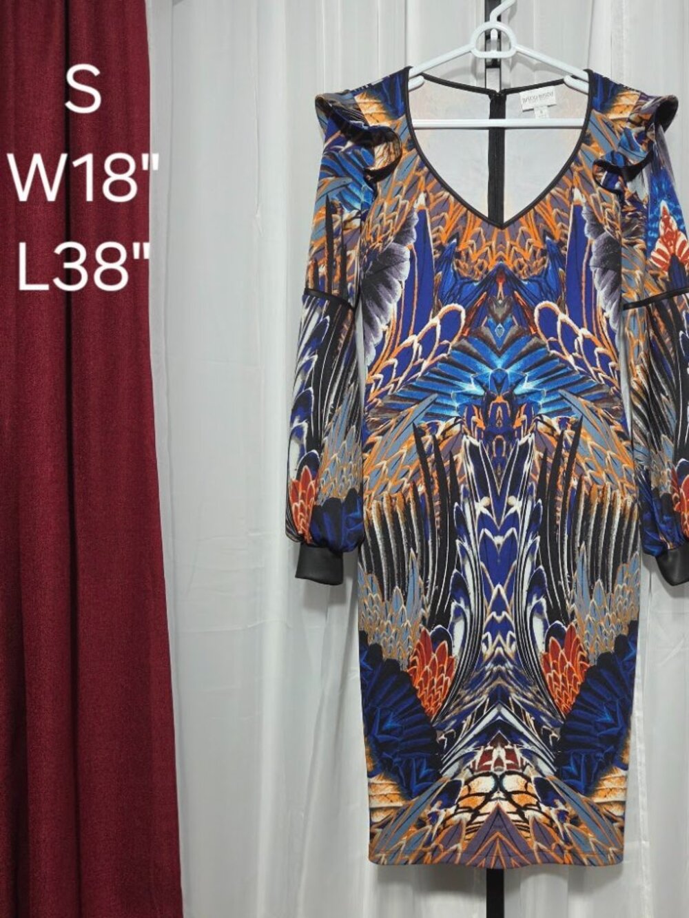 Bisou Bisou Michele Bohbot Long Sleeve Ruffle Feather Print Dress Small